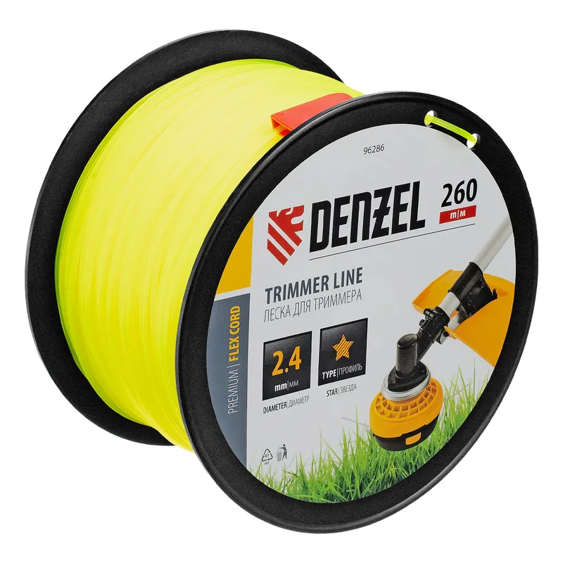 Леска для триммера звезда, 2,4мм х 260м, на DIN катушке FLEX CORD Denzel