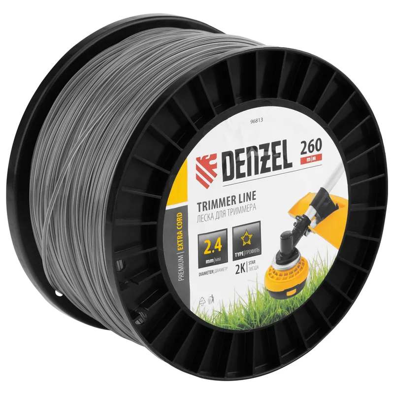 Леска для триммера двухкомпонентная звезда, 2,4мм х 260м, на DIN катушке EXTRA CORD Denzel