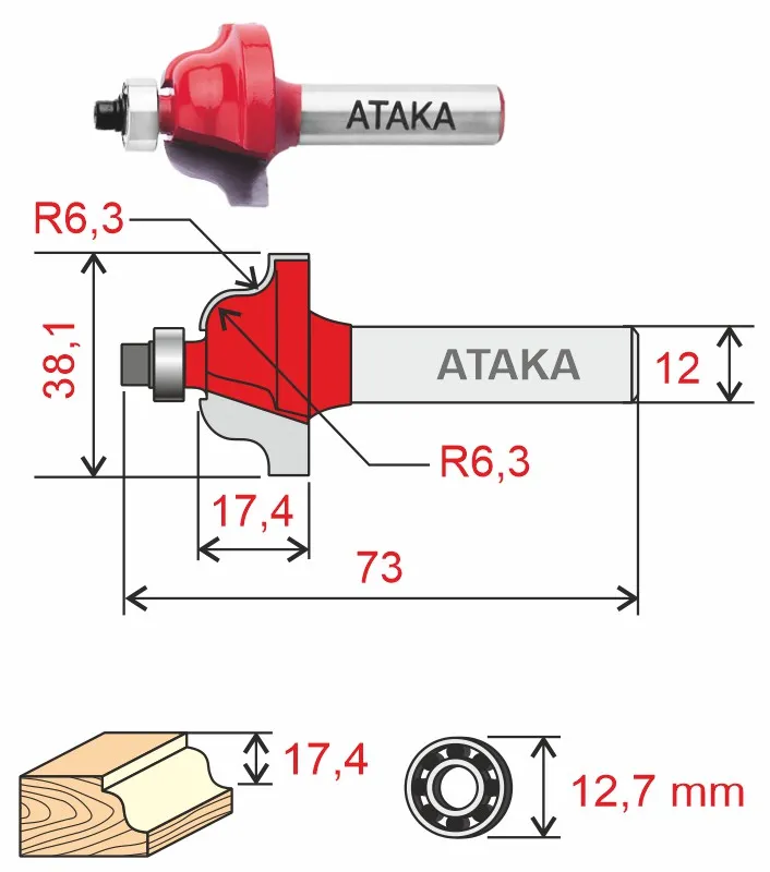 Фреза Атака 412381 кромочная калевочная D38.1/ф12/H17.4
