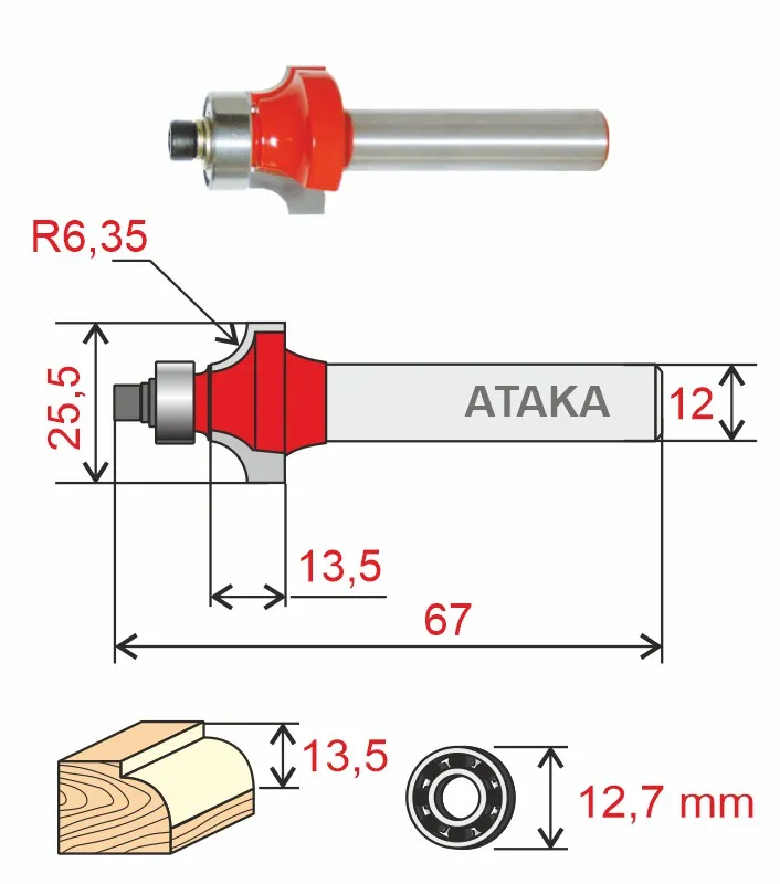 Фреза Атака 592255 кромочная калевочная D25.5/ф12/H13.5