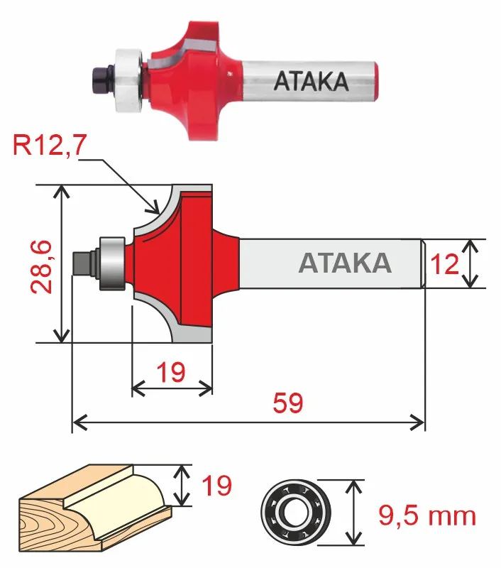 Фреза Атака 602381 кромочная калевочная D38.1/ф12/H19