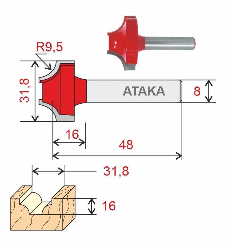 Фреза Атака пазовая фасонная D31.8/ф8/H16