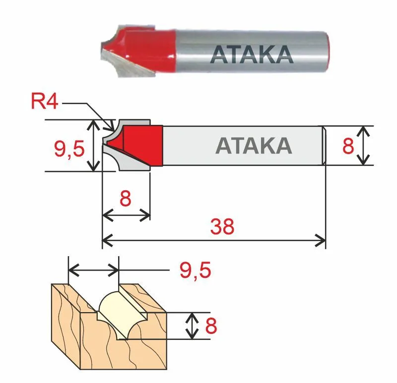 Фреза Атака пазовая фасонная D9.5/ф8/H8